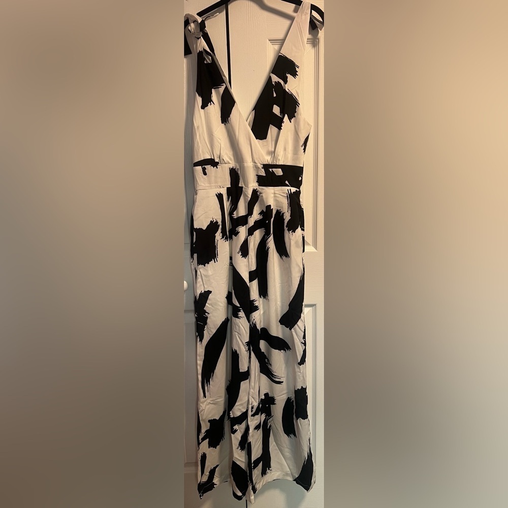 Women's White With Black Splatter Tie Strap Jumpsuit